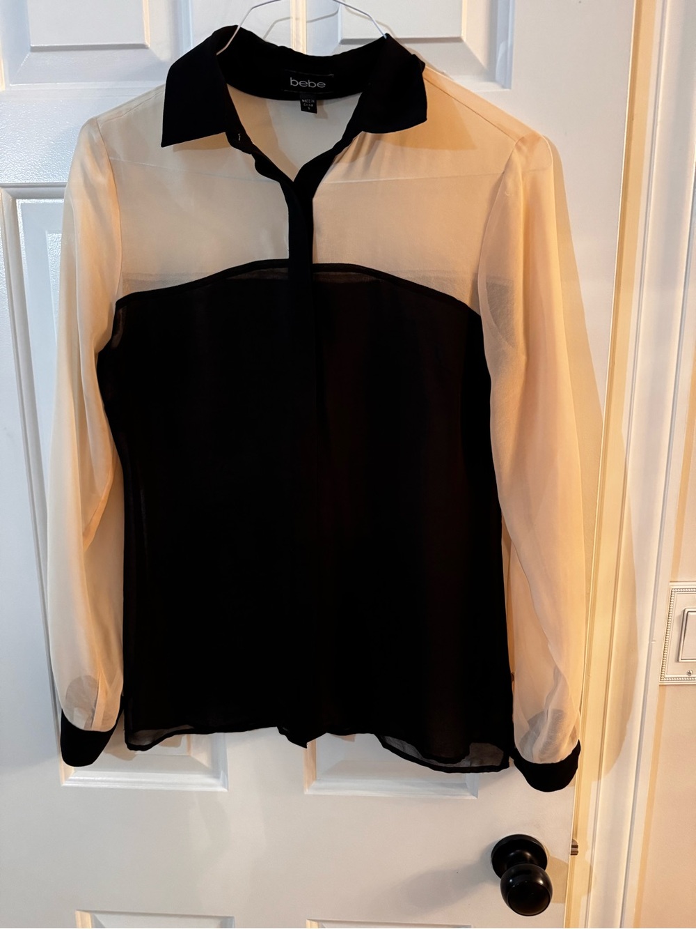 bebe Black and Cream Sheer Panel Button-Front Shirt